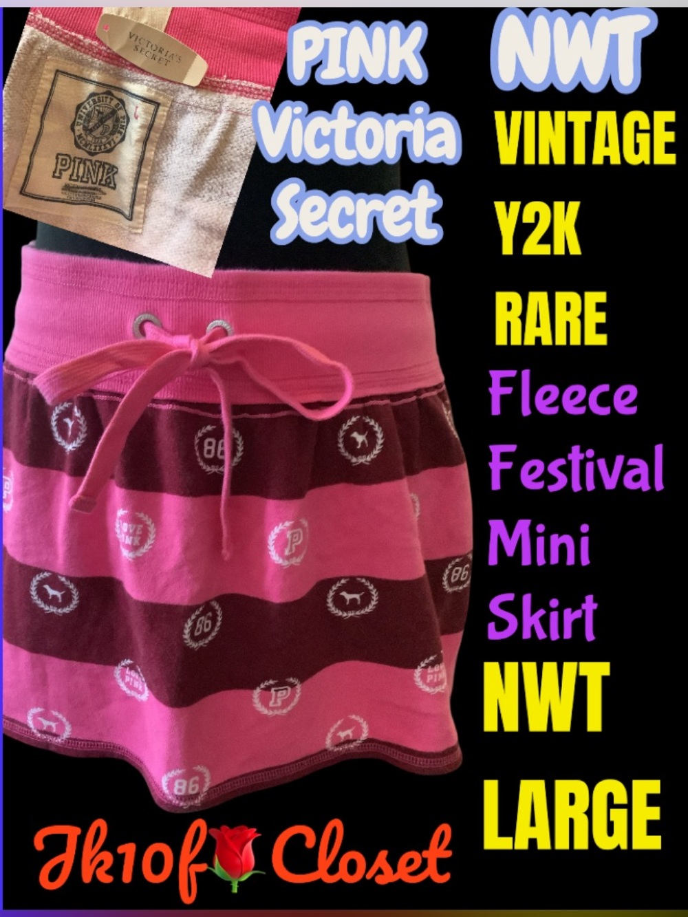 🌷NWT RARE VINTAGE Y2K PINK Victoria's Secret🌷PINK STRIPE FLEECE MINI SKIRT